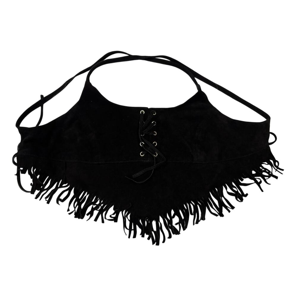 Vintage Ashim Y2K Leather Fringe Halter Top SZ SM